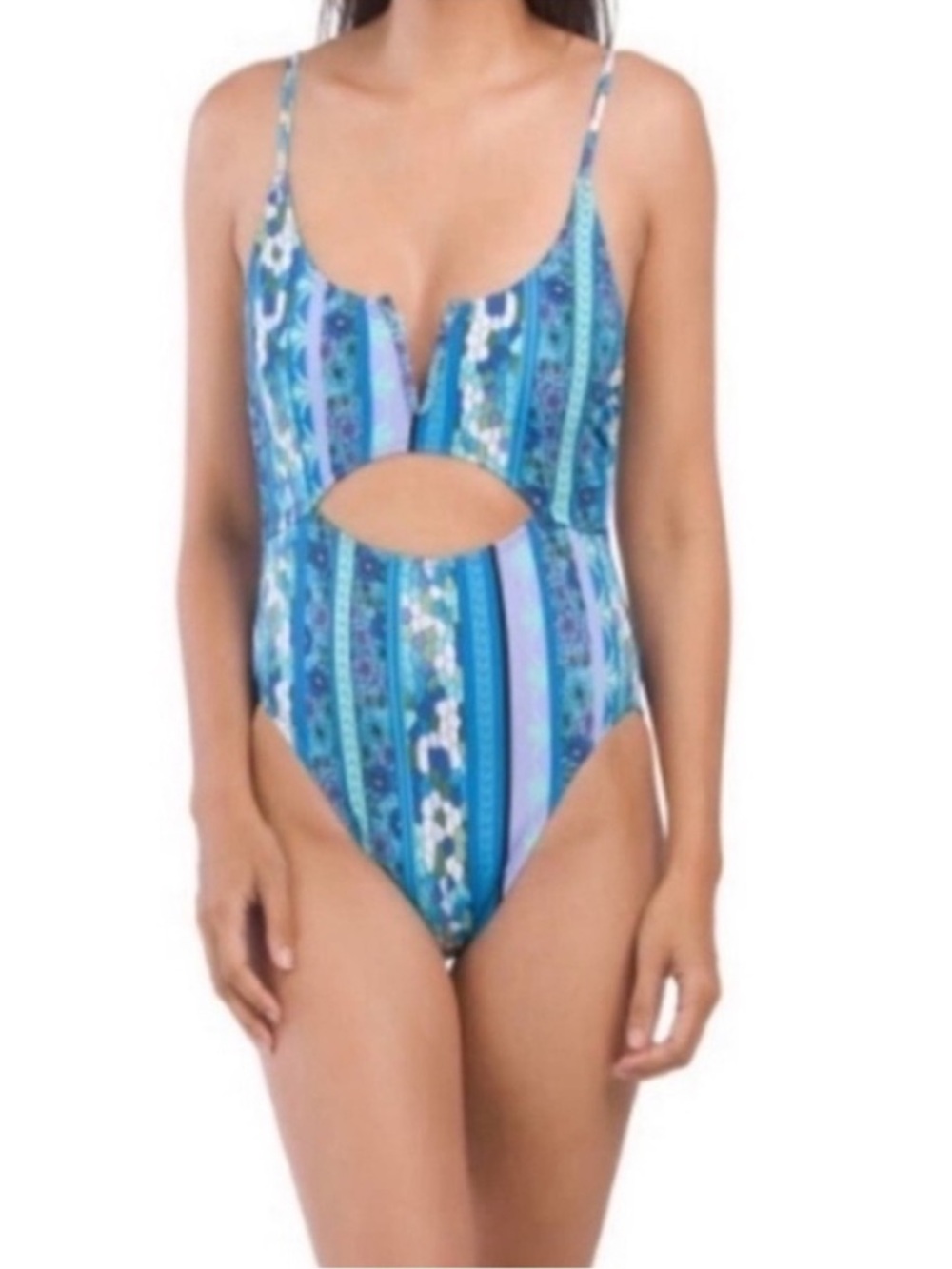 new Lucky Brand Blue & Teal Floral Stripe One-Piece size M